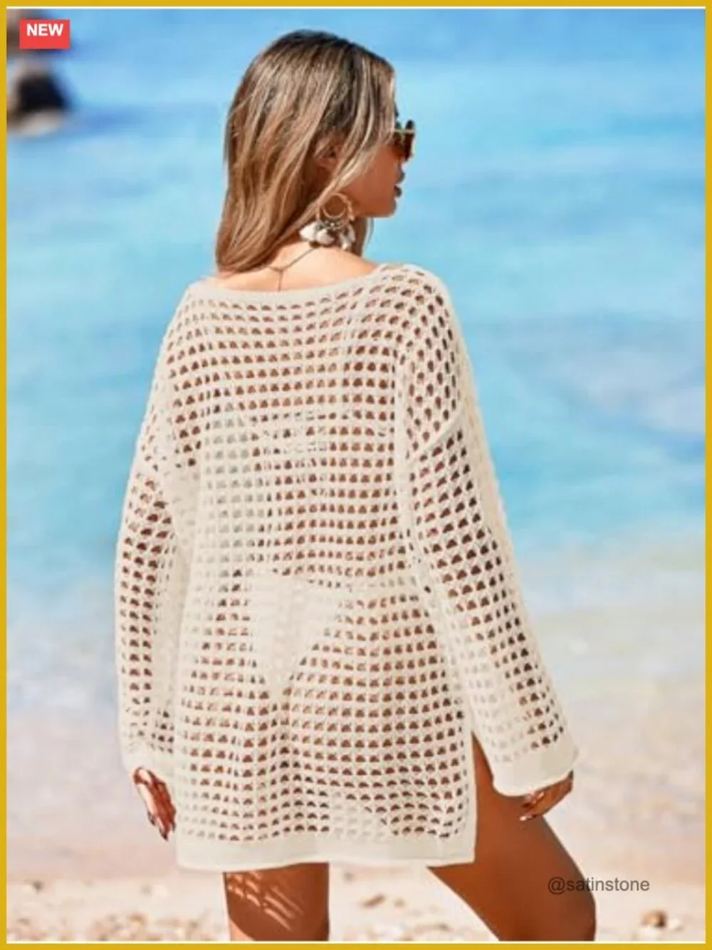 Crochet Oversized Long Sleeve Mesh Swimsuit Cover Up Beach Dress